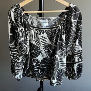 Cynthia Rowley Black And White Linen Leaf Balloon Sleeve, Square Neck Crop Top-M